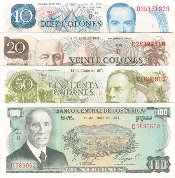 Costa Rica - 10, 20, 50, 100 Colones - P-set - 1974-1985 dated Foreign Paper Money